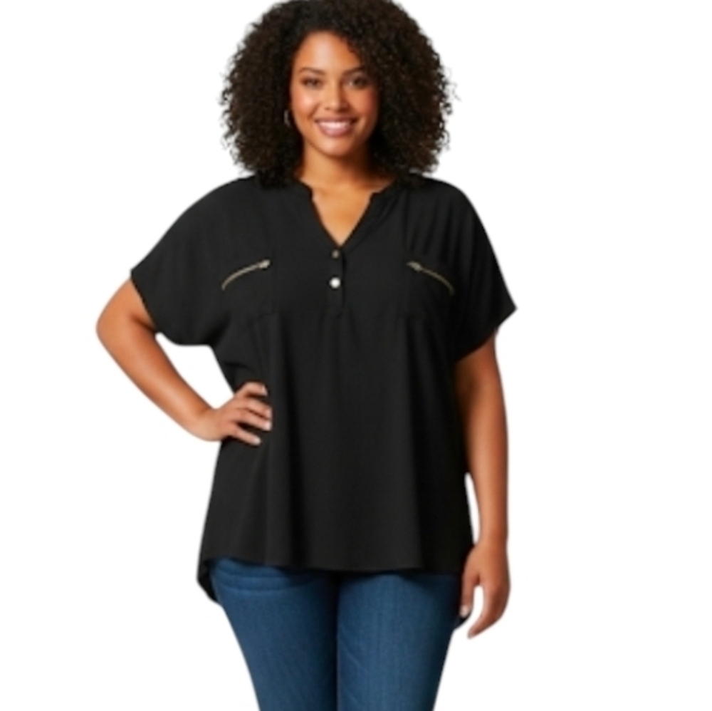 Flower & Feather Black Short Sleeve Zipper Accent Top